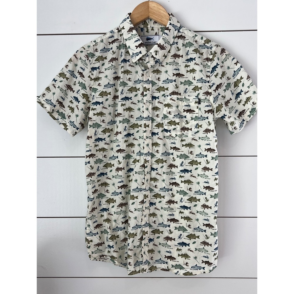 Southern Lure Mens Small Fish Print Short Sleeve Button Down Shirt Cotton